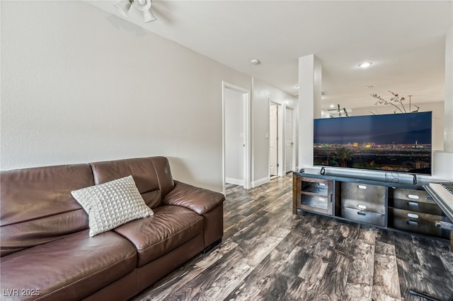 living room with dark hardwood / wood-style floors