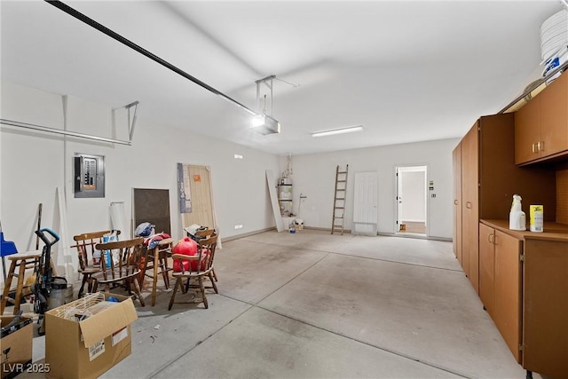 garage with a garage door opener, electric panel, and water heater