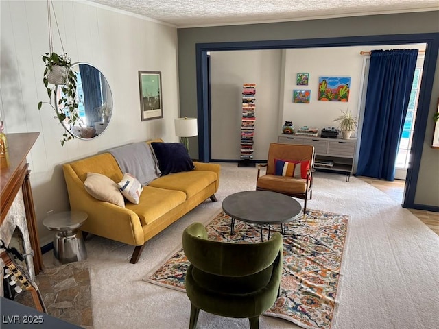 living area featuring ornamental molding and a textured ceiling