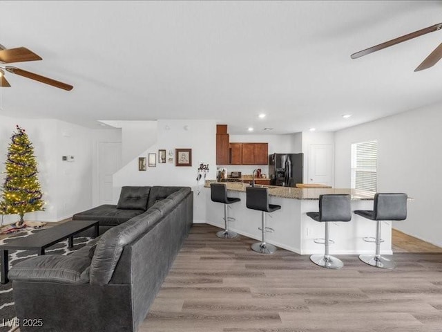 living room featuring ceiling fan, sink, and light wood-type flooring