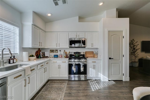 kitchen featuring lofted ceiling, sink, appliances with stainless steel finishes, dark hardwood / wood-style flooring, and white cabinets