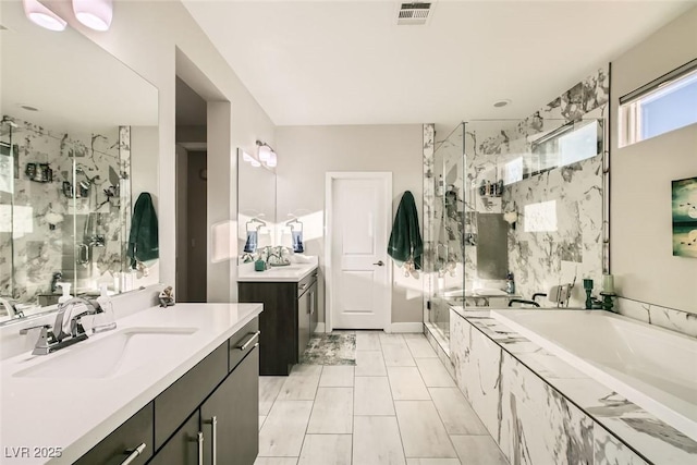 bathroom with plus walk in shower and vanity