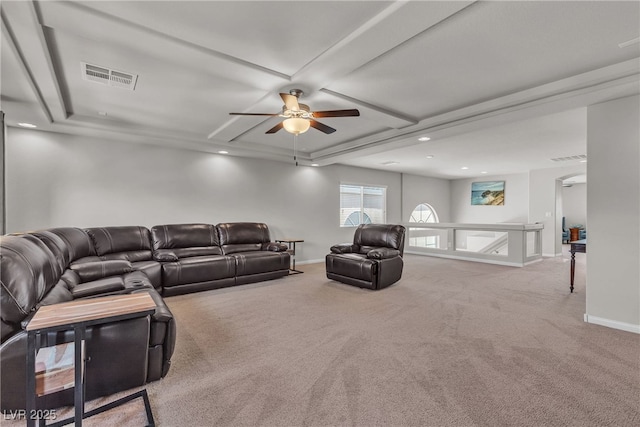 6461 Mount Eden Ave, Las Vegas, NV 89139 - carpeted living room with a ceiling fan, baseboards, visible vents, and coffered ceiling