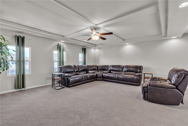 6461 Mount Eden Ave, Las Vegas, NV 89139 - living room featuring recessed lighting, carpet flooring, a ceiling fan, coffered ceiling, and baseboards