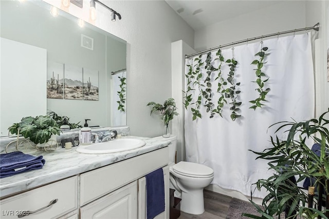 bathroom featuring vanity, hardwood / wood-style floors, and toilet