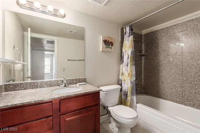 full bathroom featuring vanity, a textured ceiling, toilet, and shower / tub combo with curtain