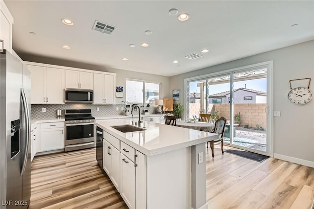 kitchen with sink, stainless steel appliances, an island with sink, and white cabinets