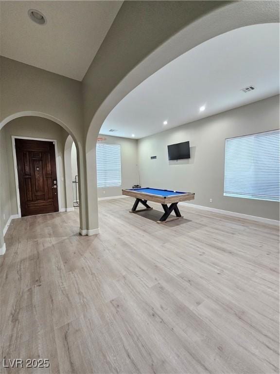 rec room featuring billiards and light hardwood / wood-style flooring