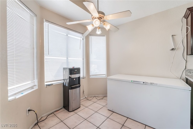 washroom with ceiling fan and light tile patterned floors