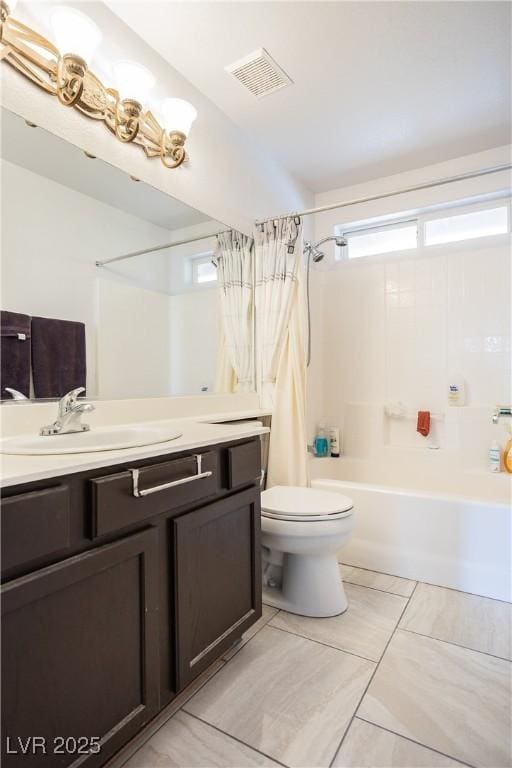 full bathroom with toilet, vanity, and shower / bathtub combination with curtain