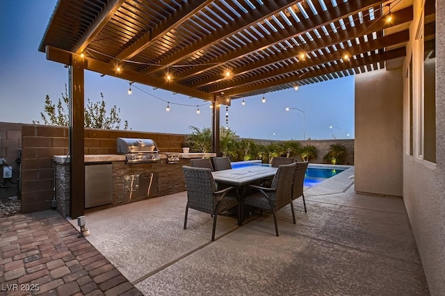 patio terrace at dusk featuring a grill, area for grilling, and a pergola