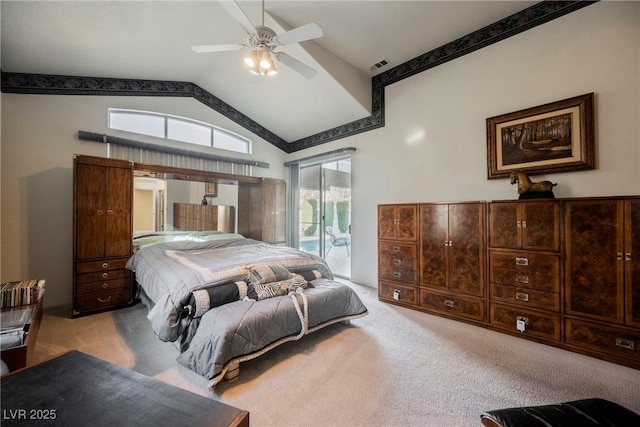 carpeted bedroom with ceiling fan, access to exterior, and high vaulted ceiling