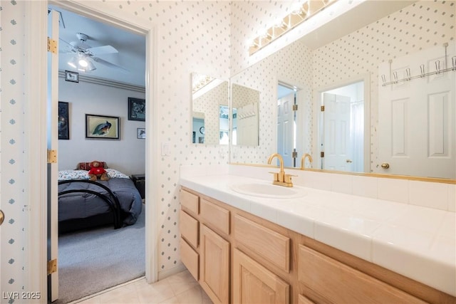 bathroom featuring vanity, tile patterned floors, and ceiling fan