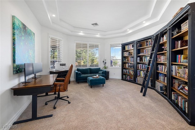 office featuring a raised ceiling and light carpet