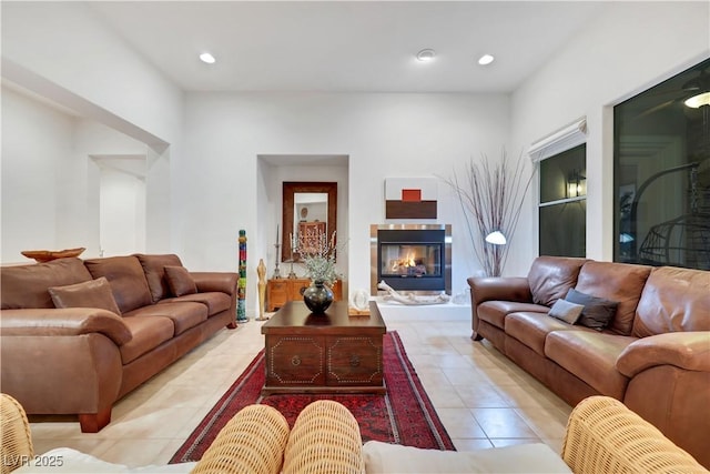 living room featuring light tile patterned flooring