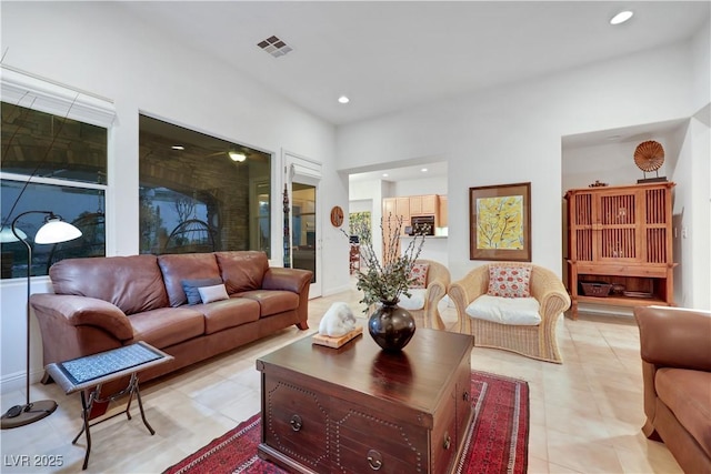 living room featuring light tile patterned flooring