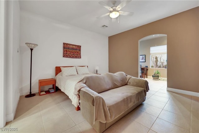 bedroom featuring ceiling fan and light tile patterned floors