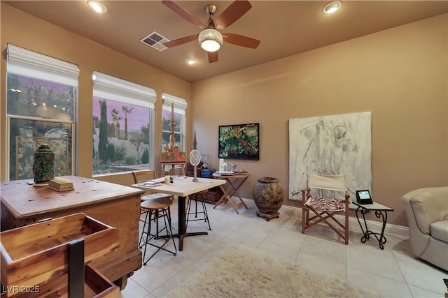 tiled office with ceiling fan