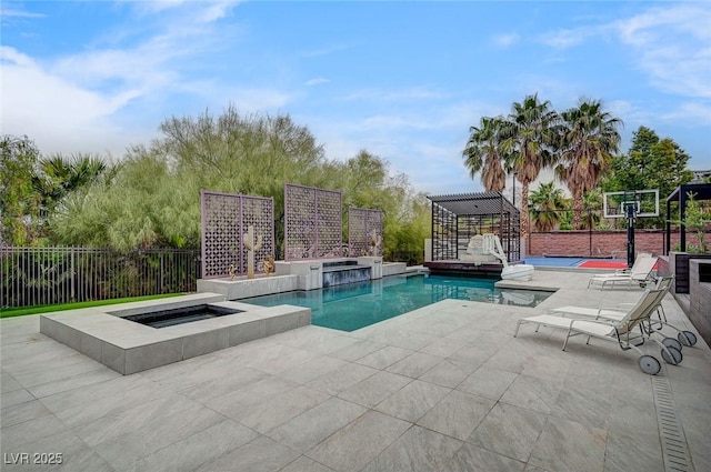 view of pool featuring an in ground hot tub, a pergola, and a patio area