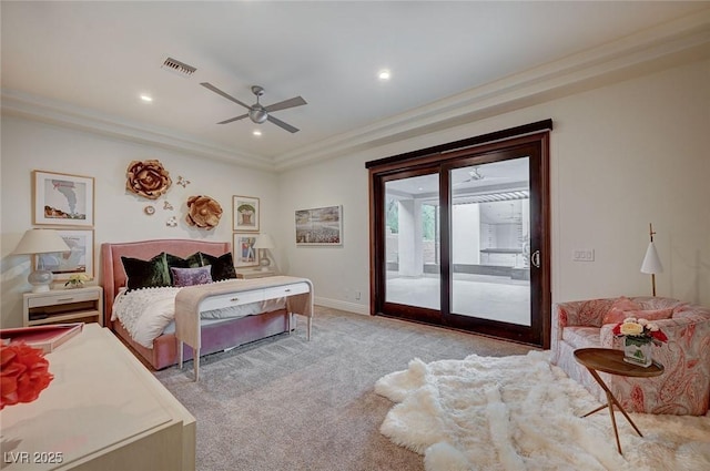 bedroom with ornamental molding, light carpet, access to exterior, and ceiling fan