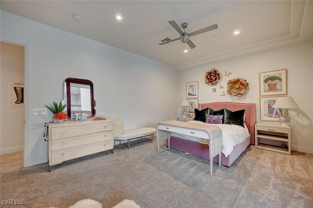 bedroom featuring ceiling fan and light carpet