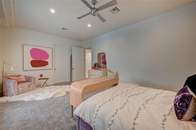 carpeted bedroom with ceiling fan