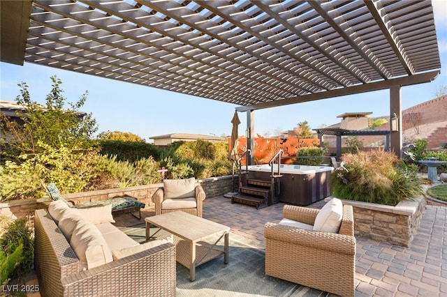 view of patio / terrace featuring a pergola, outdoor lounge area, and a hot tub