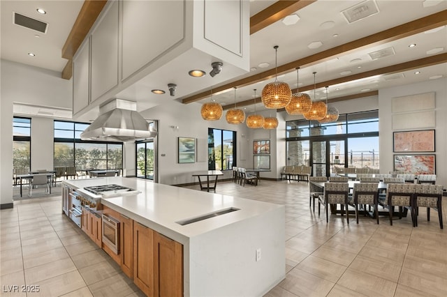 kitchen with a large island, appliances with stainless steel finishes, a high ceiling, island exhaust hood, and decorative light fixtures