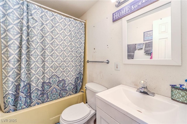 full bathroom with vanity, shower / bathtub combination with curtain, and toilet