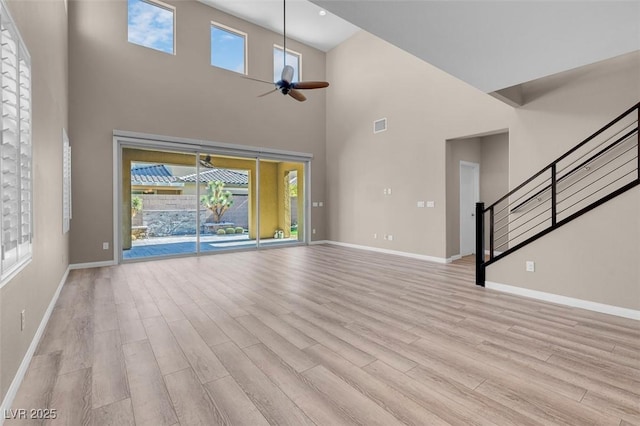 unfurnished living room with ceiling fan and light hardwood / wood-style floors