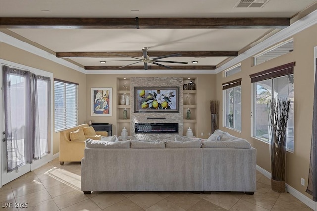 living room with light tile patterned flooring, ceiling fan, built in features, and beam ceiling