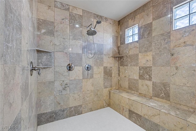 bathroom with tiled shower and a wealth of natural light