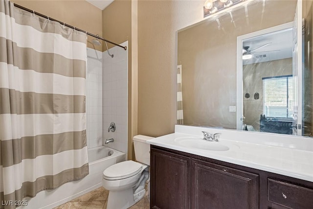 full bathroom with shower / tub combo with curtain, vanity, tile patterned floors, and toilet