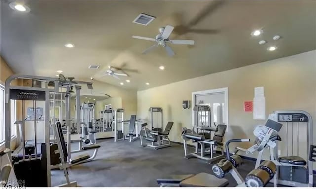 exercise room featuring lofted ceiling and ceiling fan