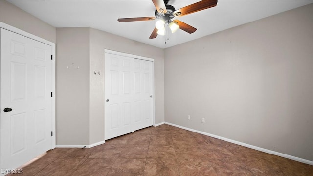 unfurnished bedroom with a closet and ceiling fan