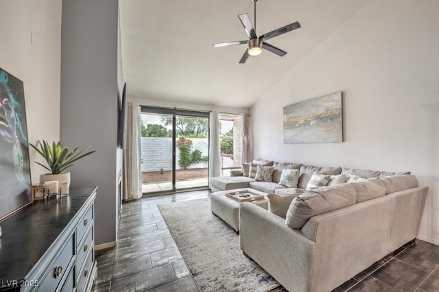 living room featuring high vaulted ceiling and ceiling fan