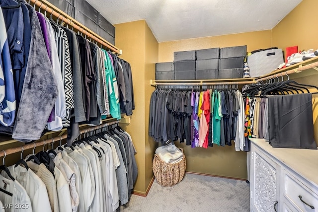 walk in closet featuring light carpet