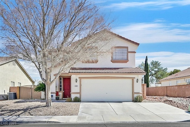 view of front facade with a tile roof, stucco siding, fence, cooling unit, and driveway