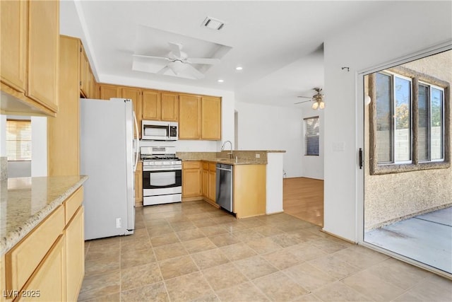 kitchen featuring light stone counters, stainless steel appliances, kitchen peninsula, and ceiling fan