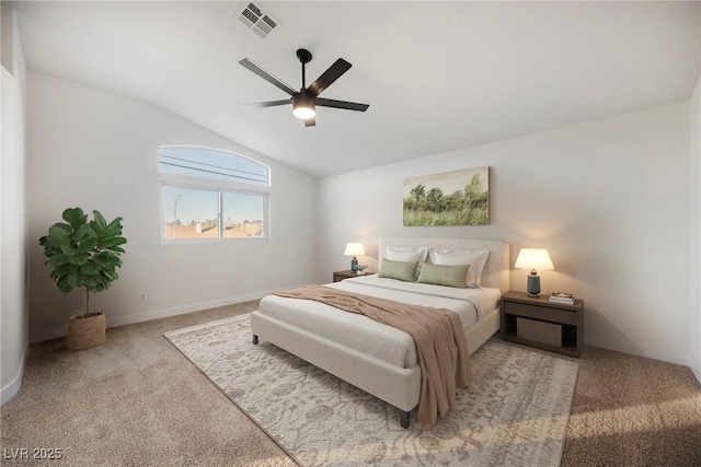 carpeted bedroom featuring ceiling fan and lofted ceiling