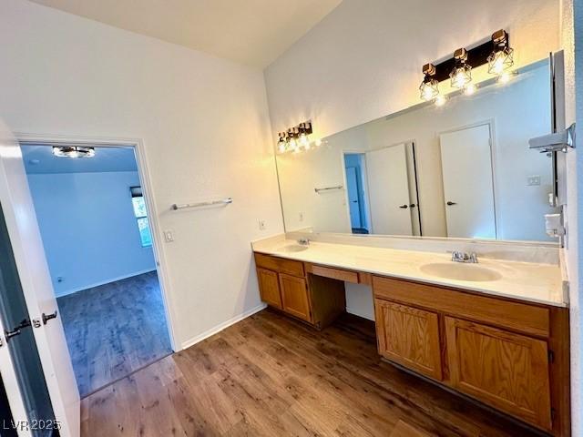 bathroom with hardwood / wood-style flooring and vanity