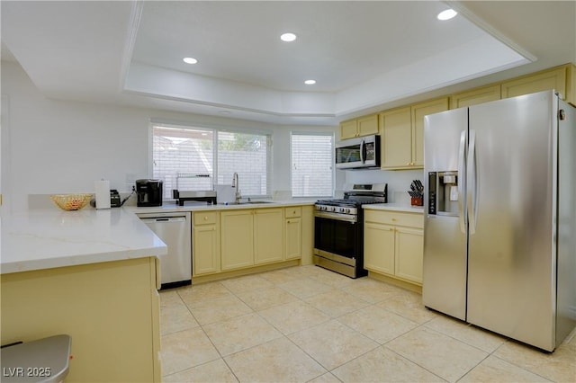 kitchen featuring sink, a tray ceiling, stainless steel appliances, and kitchen peninsula