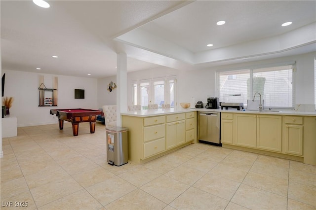 kitchen featuring sink, billiards, dishwasher, and light tile patterned flooring