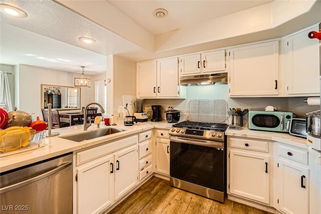 kitchen featuring wood finished floors, a sink, light countertops, under cabinet range hood, and appliances with stainless steel finishes