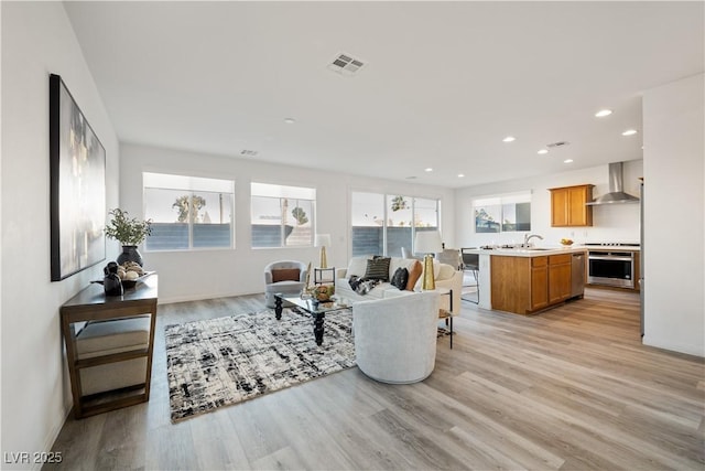 living room with plenty of natural light, light hardwood / wood-style floors, and sink