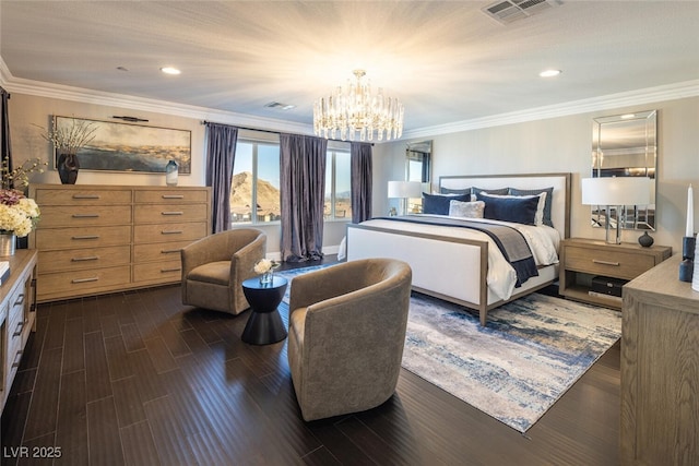 bedroom featuring dark hardwood / wood-style flooring, a notable chandelier, and ornamental molding