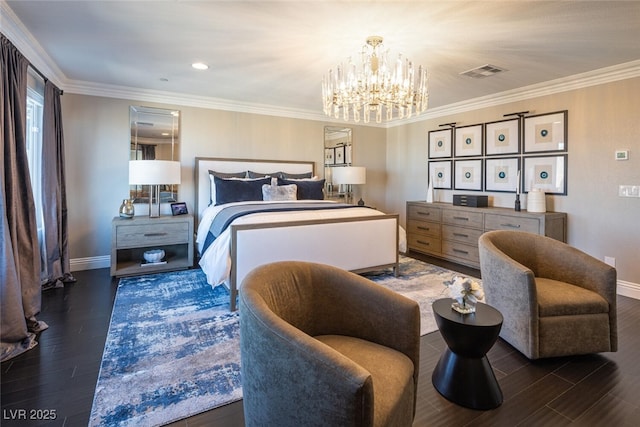 bedroom featuring a notable chandelier, ornamental molding, and dark hardwood / wood-style floors