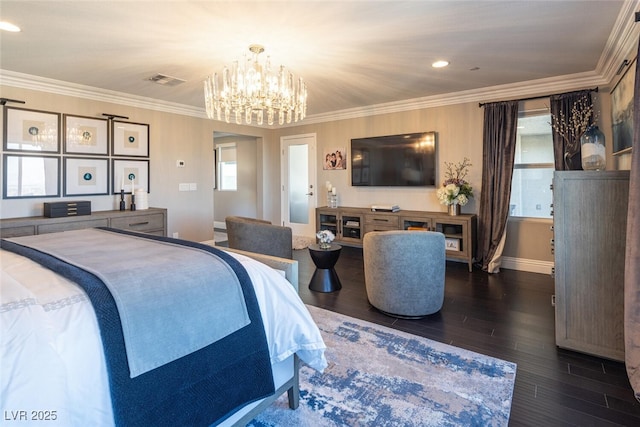 bedroom with dark hardwood / wood-style flooring, crown molding, and an inviting chandelier