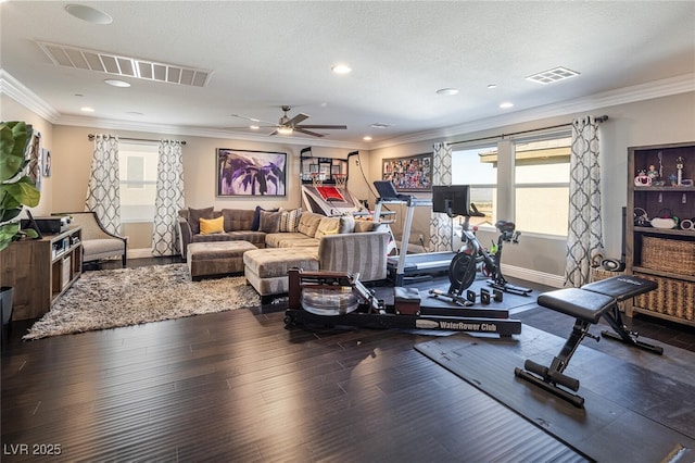 exercise area featuring dark hardwood / wood-style flooring, crown molding, and a textured ceiling