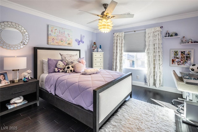 bedroom featuring dark hardwood / wood-style flooring, ornamental molding, and ceiling fan